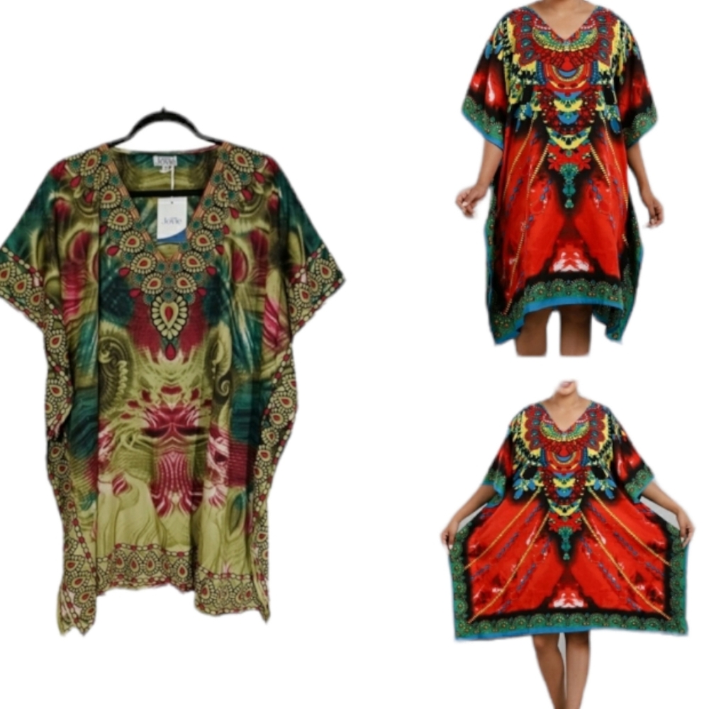 JOVIE Green Red Abstract Print V-Neck Kaftan Tunic Dress One Size NWT